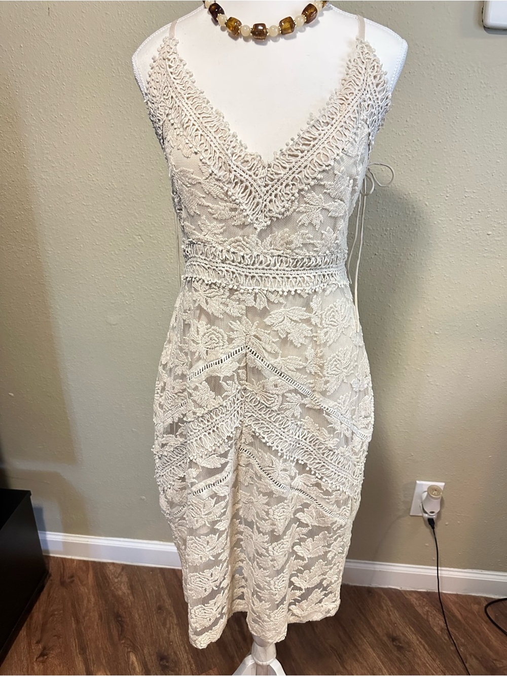 Adelyn Rae Cream Lace Midi Dress with V-Neck